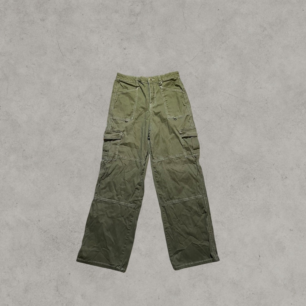 Rachel Paige Olive Green Wide Leg Cargo Pants Contrast Stitch Utility Streetwear